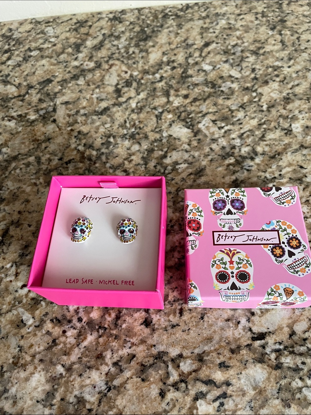 Betsey Johnson Multicolor Crystal Sugar Skull Stud Earrings with Pink Box